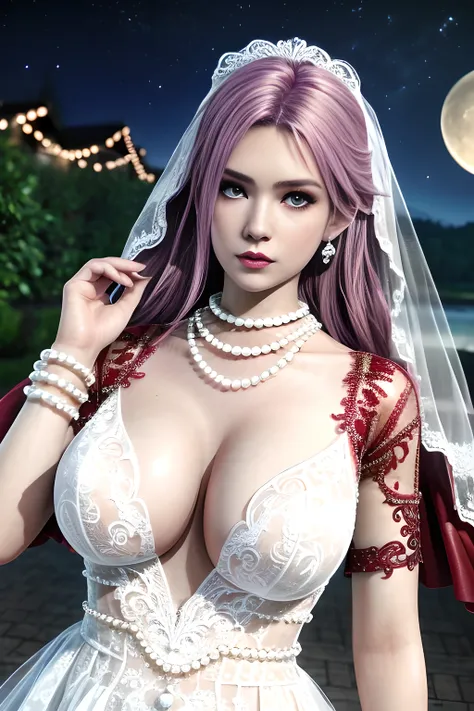 1 girl,lean over ,(Wearing Wedding Dress:1.2) ,(Wearing Jewel:1.2) ,( red lace_coat:1.2),(Fluffs :1.2),(pearl bodychain:1.3),outdoor,elegant,nighttime,moonlighe,shiny skin,( huge breasts), lip gloss,tattoos, masterpiece, best quality, realistic ,Surrealism...