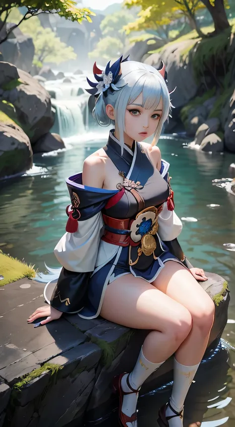 Anime girl sitting on a rock with a blue and white background, keqing from Genshin Impact impact, Digital art on pixiv, Onmyoji detailed art, Onmyoji, White-haired deity, Popular on artstation pixiv, Zero Fashion Art, Anime Fantasy Illustration, anime godd...