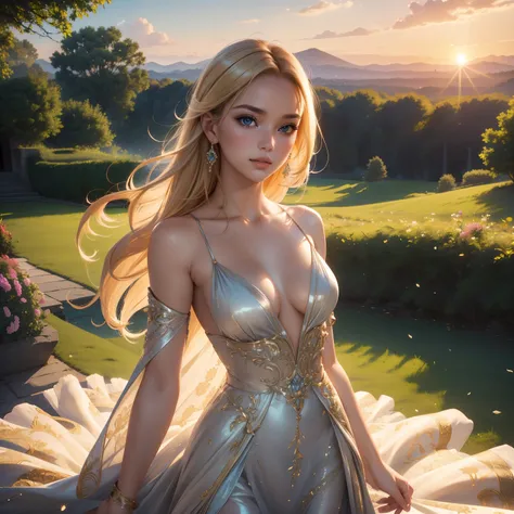 (best quality: 1.5, highres: 1.3), ultra-detailed, realistic rendering, beautiful blonde woman with intriguing and sexy clothes, bespoke outfit designed with vibrant colors and interesting textures, spectacular view of a picturesque outdoor setting, flowin...