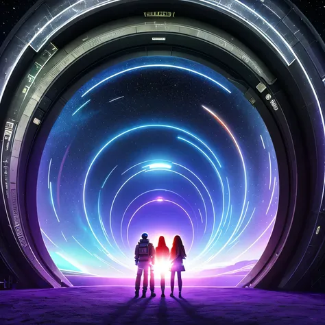 The Alafed family stands in the tunnel，The background is a black hole, portal to outer space, Astronaut lost in liminal space, Interstellar Infinity Portal, 3 d render Bepple, Majestic interstellar gateway, portal in space, Inspired by Beeple, Colossus Sta...