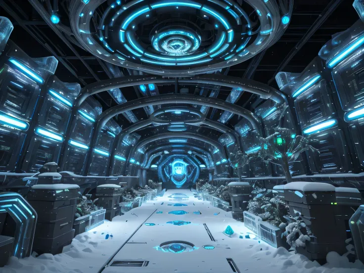 Super detailed masterpiece, Dynamic Reality Digital Art, excellent quality,DonMFr0stP4nkXL Alien Archaeology Institute, Quantum Cooling Supercomputing Room, Path Lights,Bioluminescent fungi, Deck Lights and Step Lights,snow, ice 