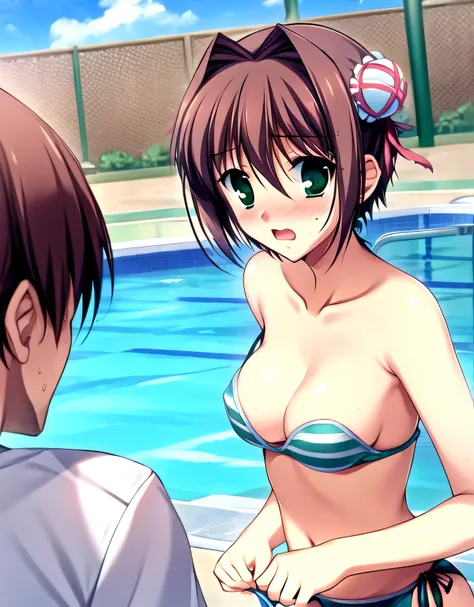 asakura_yume,(((woman１people))),Brown Hair,Normal chest,Aqua Eye,White skin,nsfw,(((Pool))),((Multiple men)),(((Are standing))),(((By Meng_Surrounded by middle-aged men molesting))),(((((((By Meng_Being stared at by a pervert))))))),blush, ((((surprise))))...