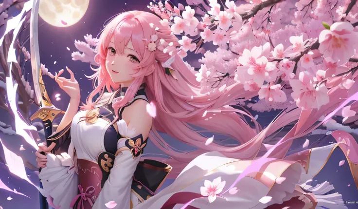 Long-haired anime girl holding a sword in front of a cherry tree, Ayaka Genshin Impact, Cherry blossom petals surround her, Haruno Sakura, best anime 4k konachan wallpaper, Keqing from genshin impact, Sakura Kinomoto, anime art wallpaper 8 k, Ayaka Game Ge...