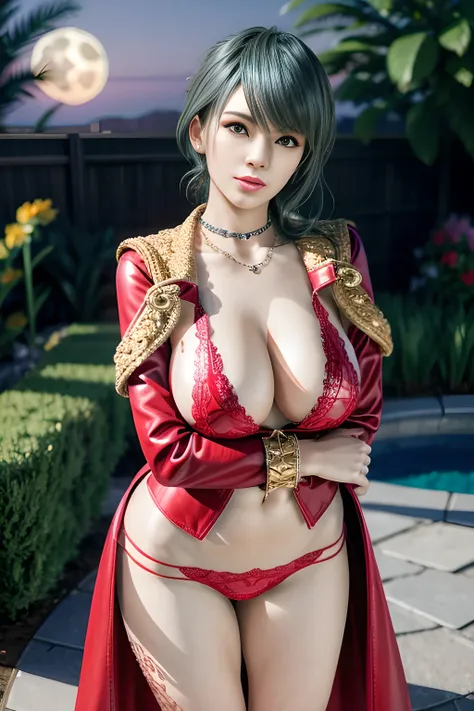 1 girl,lean over WINK, (Wearing Jewel:1.2) ,( red lace_coat),(Fluffs :1.2),（mother-of-pearl chain:1.4), garden,nighttime,moon,( huge breasts ),cleavage,shiny skin,lip gloss,tattoos, masterpiece, best quality, realistic ,Surrealism,Rich artistic colors,natu...