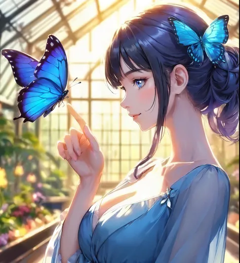 1lady solo, profile, (one hand up) (extending index finger gently), (blue butterfly landing on index finger), (cool and stylish dress), mature female, /(black hair/) bangs, light smile, (masterpiece best quality:1.2) delicate illustration ultra-detailed, l...