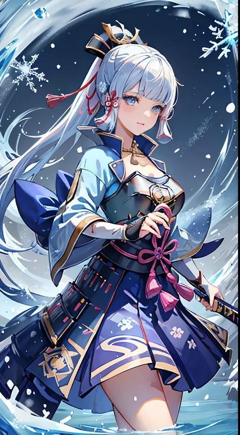 kamisatoayakadef,1 Anime Girl, warrior, Realistic people,Realistic, beautiful, smile, elegant, Majestic, Splash Art, Particles of light, Diamond Blade, (Cold Energy, Cold Air Blast, cold water: 1.4) Dynamic pose, ((JapaneseKatana,Hold the sword))((Holding ...