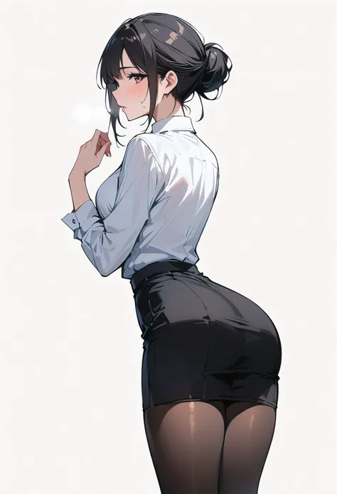 (masterpiece, best quality:1.2), 1 girl, alone , sexy , (black_H-line skirt:1.2),black skirt, (white_oxford_shirts:1.2),(office look female) ,cowboy shot, black hair ,hair bun,  (office_background:1.3)  , (pantyhose:1.2) , (ass),(kneeling) ,  (sweat)