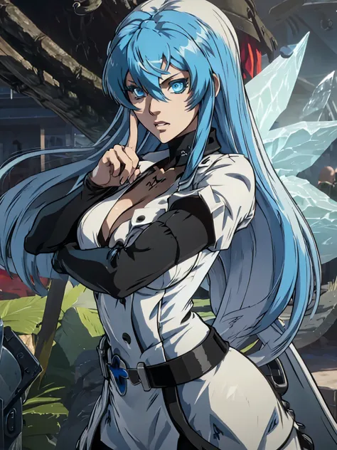 esdeath, esdeath from akame ga kill, esdeath in guilty gear strive stye, zoom in the face, close up in the face, very detailed e...