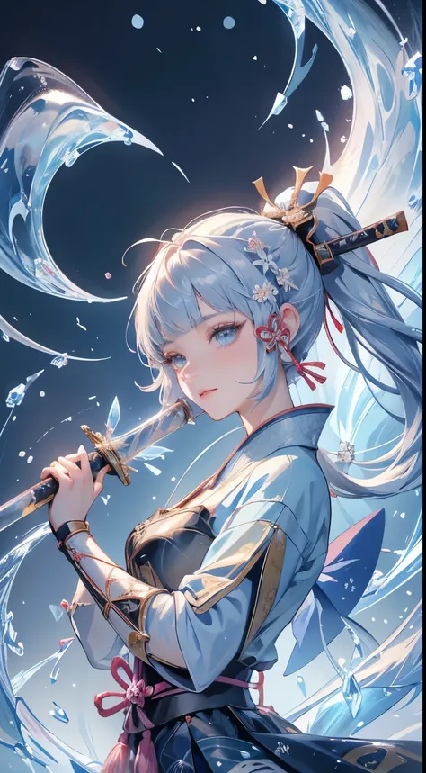 kamisatoayakadef,1 Anime Girl, warrior, Realistic people,Realistic, beautiful, smile, elegant, Majestic, Splash Art, Particles of light, Diamond Blade, (Cold Energy, Cold Air Blast, cold water: 1.4) Dynamic pose, ((JapaneseKatana,Hold the sword))((Holding ...