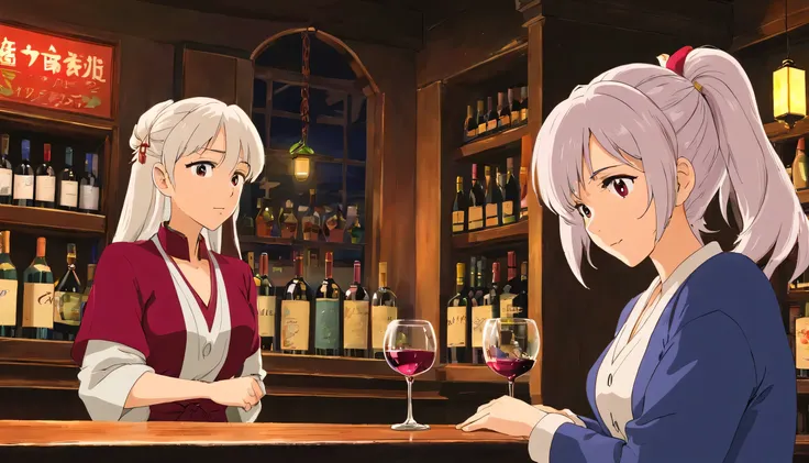 Background: A stylish bar counter that reminds you of the early Showa era in a dimly lit shop. The inside of the store is quiet and creates an atmosphere with a little jazz music playing. - **Character 1: One woman with white and straight Ponytail hair. wi...