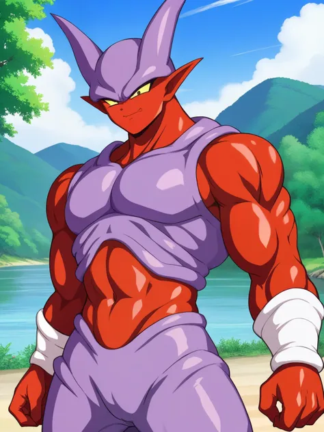 by the riverbank, janemba shyly removes his purple upper body armor, revealing his red muscles underneath, his expression one of...