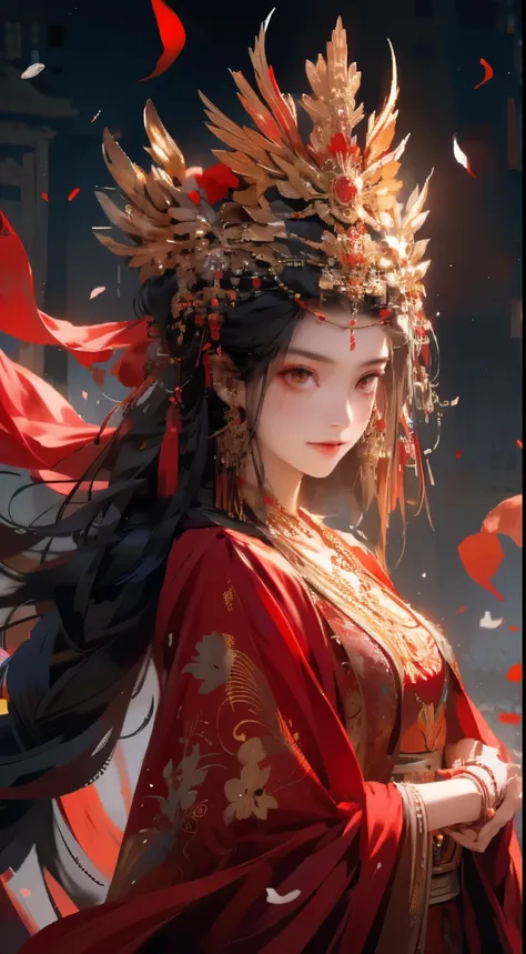 1 Girl, Solitary, Long hair, petal, falling petal, jewelry, skirt, Hair accessories, red skirt, Chinese clothes, Black Hair, bracelet, Long sleeve, Red Eyes, Weaving, forehead mark, Shut up, Looking at the audience, facial marks smile,Pretty Face,Exquisite...