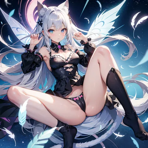 anime, cat ears , E cup, silver long hair, sexy, fairy, fluttering feathers, lens flare, spread legs, legs up