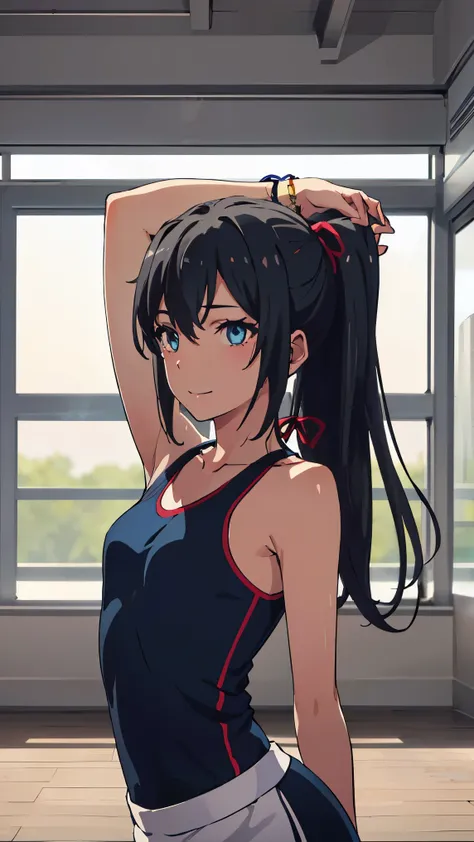 hair_ponytail ribbon,Black hair, eyes blue, long hair, smile , Yukinoshita Yukino,
BREAK (sports yoga Feminine dress themed adorned with an intricate cute design and Feminine medium skirt:1.2)
BREAK The action captured will be as if shes playfully leaping ...