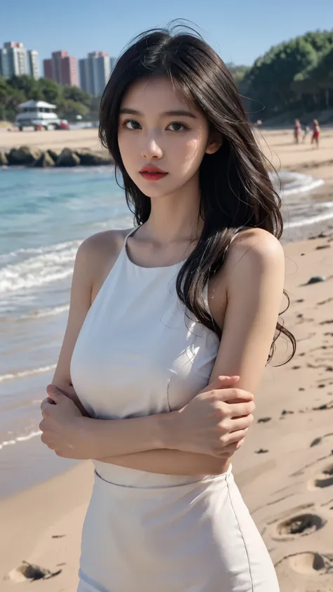 A perfect young female white-collar worker，Chinese，High picture quality，Works of masters，Black hair，Long hair flowing over the shoulders，Beach wave hairstyle，cropped shoulders，clavicle，exquisite face，Hydrated red lips，Real Human，CG rendering，16k，Stand up，D...