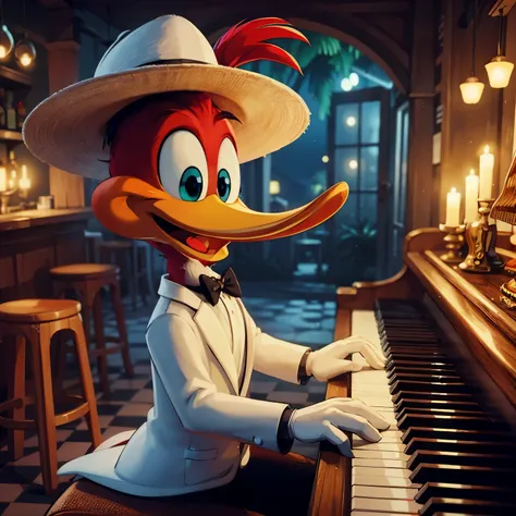 woody woodpecker wearing white tuxedo and havana hat, playing piano, in a tropical pub, night, 60's cartoon style, 8k