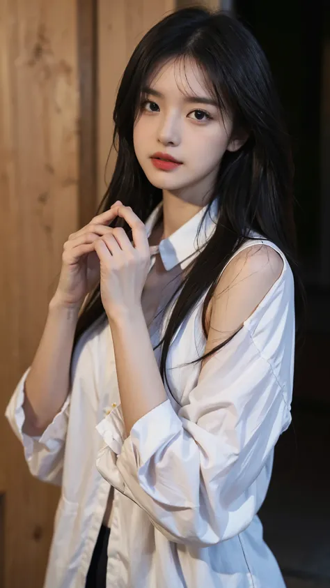 A perfect young female white-collar worker，Chinese，High picture quality，Works of masters，Black hair，Long hair flowing over the shoulders，Blured background，outside, deep shadow, Real Human，CG rendering，16k，Stand up，Empty interior，Do not show your hands，Clos...