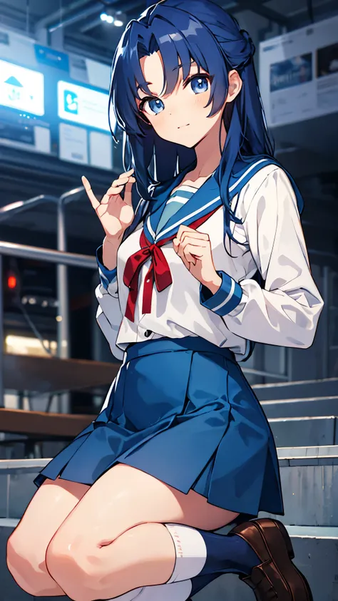 ryouko asakura, blue hair, blue eyes, long hair,(upper body:1.3),
blue sailor collar, blue skirt, brown footwear, collarbone, ki...