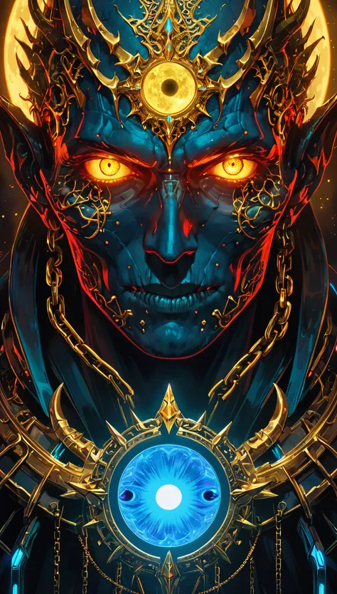 Masterpiece,Best Quality,Hyper Detailed,Cinematic Light,Intricate Detail,Highres,Official Art,Detailed Glow,（A red skull）, Steel claws,neon glowing teeth, portrait, Rostland, Benedict Barna, Morel, (((Gold Jewelry))), (eyess pupil is composed of a moon-sha...