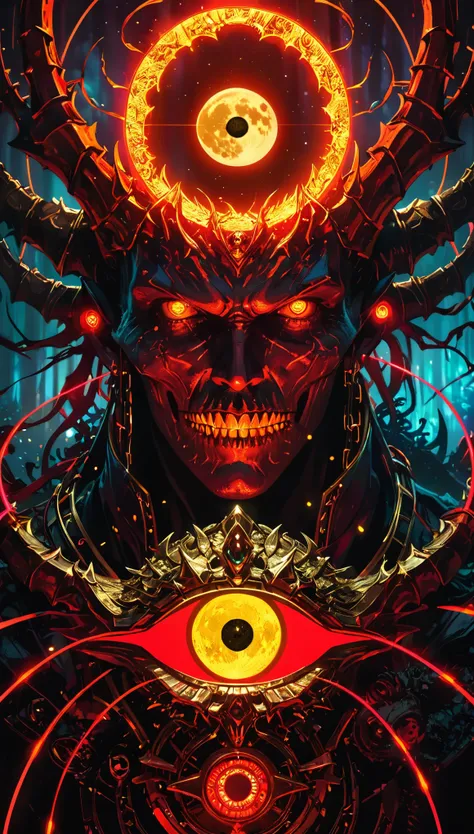 Masterpiece,Best Quality,Hyper Detailed,Cinematic Light,Intricate Detail,Highres,Official Art,Detailed Glow,（A red skull）, Steel claws,neon glowing teeth, portrait, Rostland, Benedict Barna, Morel, (((Gold Jewelry))), (eyess pupil is composed of a moon-sha...