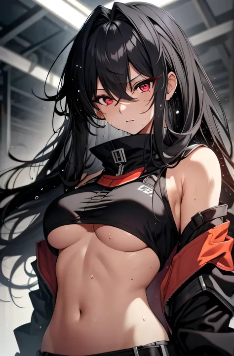 (masterpiece, best quality),  intricate details, 8k, artstation, wallpaper, official art, splash art, sharp focus,
1girl,    solo,     akame, red eyes, black hair, very long hair, hair between eyes,bare houlders, 
 cropped-fc, underboob, midriff, sweat, sw...