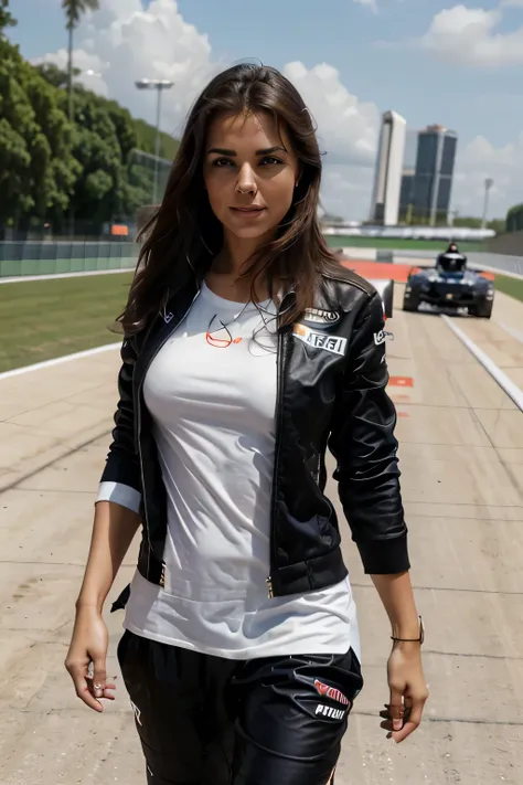 1 femme, se promener sur le circuit de F1 en discutant avec Tom Cruise, Brazil,Formule 1 race, je porte une chemise McLaren et un joli pantalon, formula car sexe pose, sexe , To L&#39;interior, homme, Chaud,Tasse 80 DD tits, Tasse 80 DD , Long wavy hair, C...