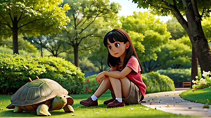 a girl watching a turtle in a park