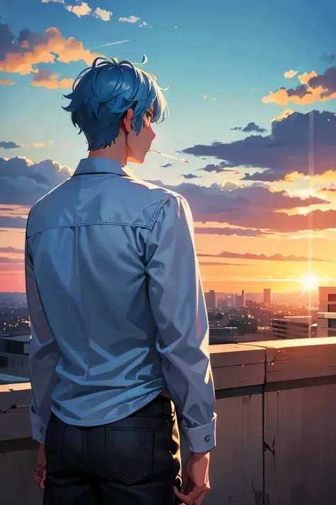 A scene where an adult male with light blue eyes and light blue hair smokes a cigarette with his back to the clouds and the setting sun.