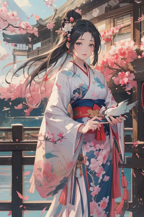 anime girl in a kimono dress with a fan and a bird, palace ， a girl in hanfu, by yang j, a beautiful artwork illustration, beaut...