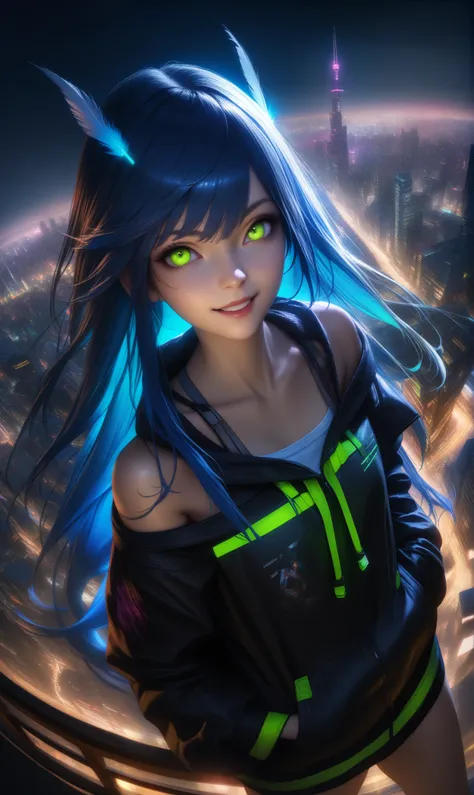 32k, best quality, ultra high res, HDR, UHD, extremely detailed CG, unity 32k wallpaper, (masutepiece), Best Quality, 超A high resolution,, Cyberpunk 1 girl flies over stunning cityscapes ,Hoodie,Blue hair, neon color流れ星, Very long hair, off shoulders, feat...