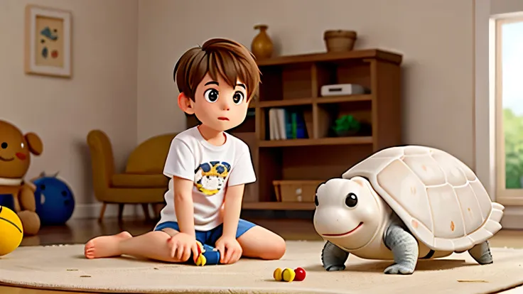  short hair boy white shirt, jugando con una tortuga linda, en la sala de una casa