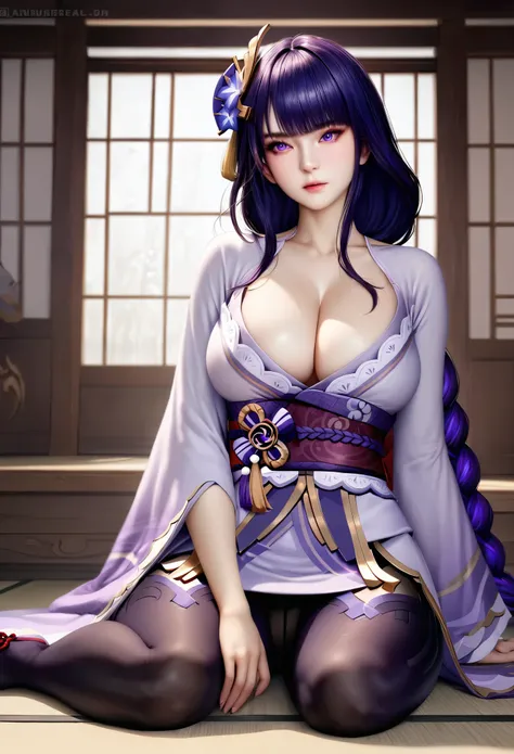 animetoreal,soft light,realistic, masterpiece, best quality,high quality,delicate face, 1girl,sitting, full body,
raiden_shogun,raiden_shogun (genshin impact), dark purple hair, long hair, single braid, hair ornament, hair, big breasts, purple eyes, sharp ...