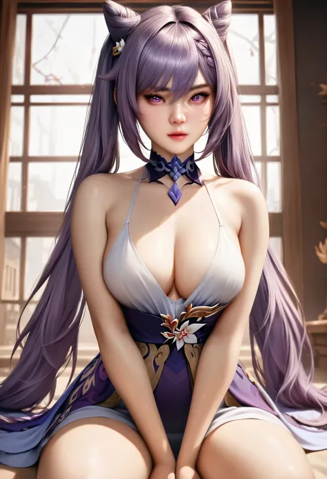 animetoreal,soft light,realistic, masterpiece, best quality,high quality,delicate face, 1girl,sitting, full body,
keqing,keqing(genshin impact), purple hair,purple eyes,lozenge pupil,diamond eyerings,twintails,medium breasts,bun,bang