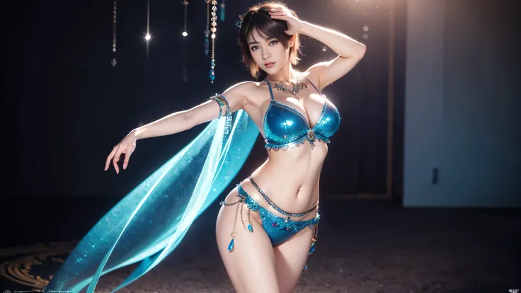 Fine details, huge file size, official art, highly detailed CG Unity 8k wallpaper, short hair, round face, AGE18, full body, gal makeup, front angle,flashy belly dance costume, dancing belly dance