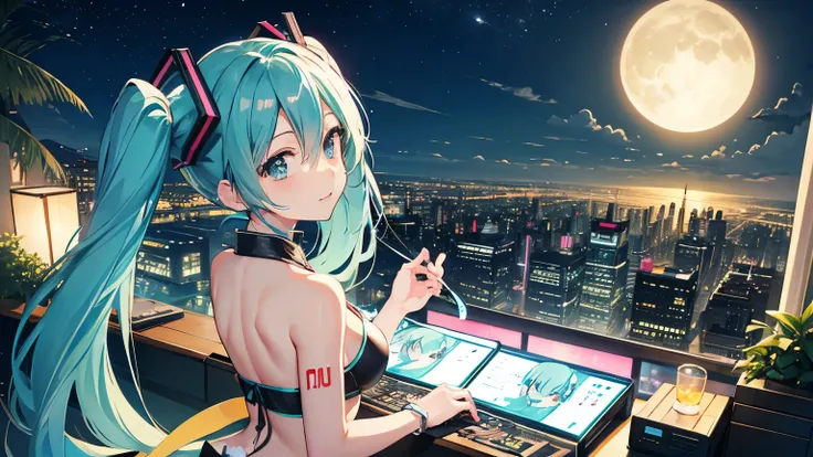 Hatsune Miku DJing、Bikini、The background is a beautiful night view