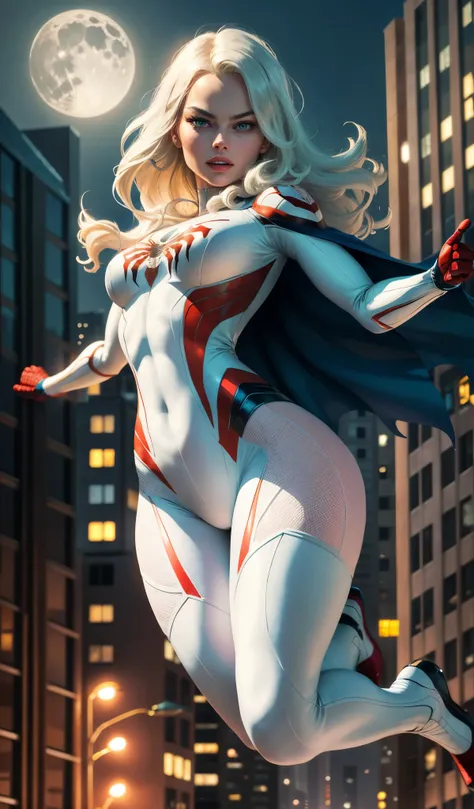 Margot Robbie (Masterpiece, 4k resolution, ultra-realistic, very detailed), (White superhero theme, charismatic, theres a girl at the top of town, wearing Spider-Man costume, shes a superhero), [ (25 years), (long white hair:1.2), full body, (blue eyes:1.2...