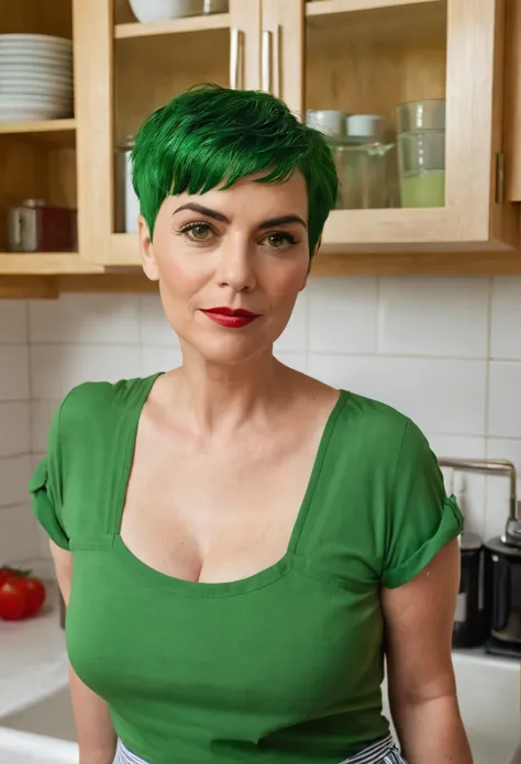 nsfw,((mejor calidad)), ((Obra maestra)), (detallado), cara perfecta,En una escena de cocina veraniega, A 40-year-old woman with short green hair and a fat build is standing at the sink,Ella lleva puesto un delantal de color rojo.