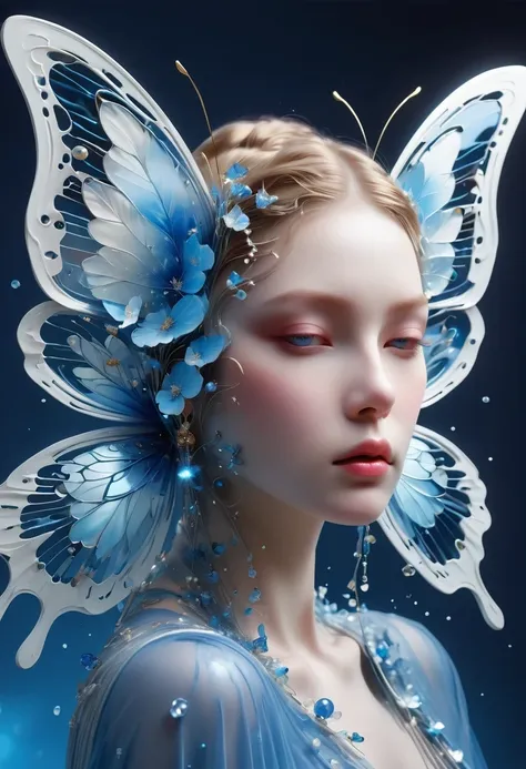 best quality,perfect masterpiece,Perfect work of art,Business,8k,Blue transparent butterfly，blue，Kaneko,Pearl hallucination,(The front is centered),(Centrosymmetric)，3S Materials,HD,Detailed performance,C4D,。.3D,Octane Rendering,Ray Tracing,Intricate detai...