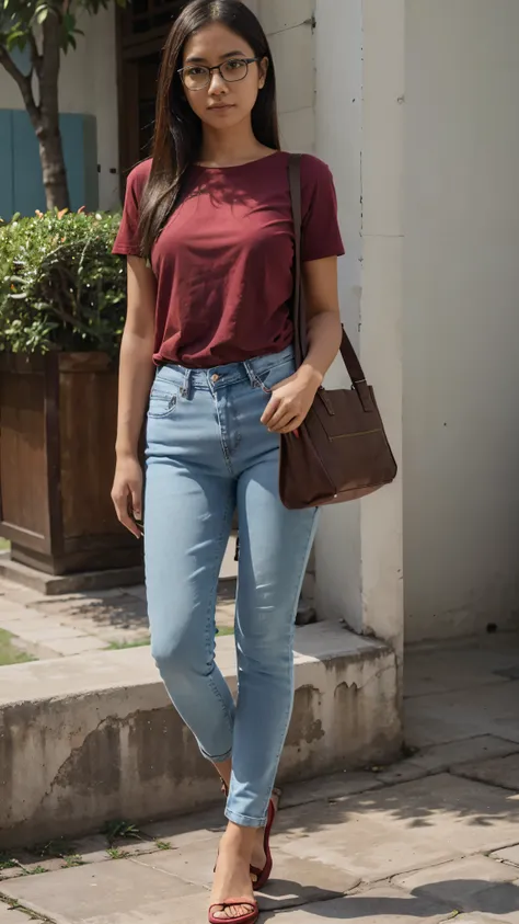 Girl, light blue jeans and maroon red tshirt, full body, indonesian face, glasses, use 1 large totebag