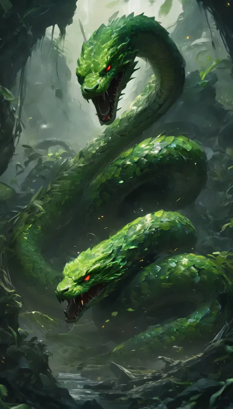 a sleek three-headed snake covered in green scales reminiscent of razer branding, it coats its foes in venomous energy, boss mon...