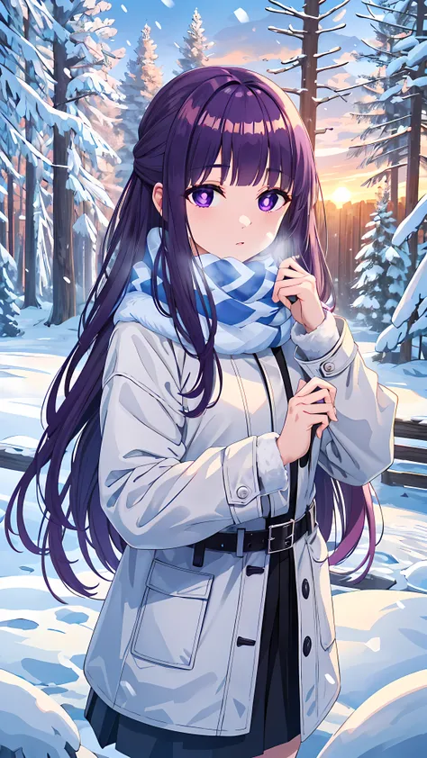 Fern, Fern, Long Hair, bangs, (Purple eyes:1.1), Purple Hair, Side Lock, blunt bangs, (Bright Eyes:1.5), Half Up,
break skirt, Long sleeve, Jacket, belt, scarf, coat, Fur trim, black belt,
break outdoor, null, cloud, sun, forest, wood, snow, snowflakes,
br...