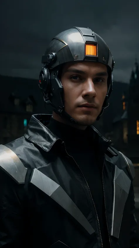 Masterpiece, best quality, Medium shot of a futuristic looking cyborg man with an amazing cyber helmet with white triangular LED lights mixed with gold and halo., Wearing a black Techwear jacket, The background is the façade of a gloomy medieval castle.