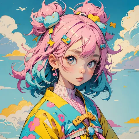 "kawaii, Cute, Adorable girl in pink, yellow, and baby blue color scheme. She wears sky-themed clothing with clouds and sky motifs. Her outfit is fluffy and soft, With decora accessories like hair clips. She embodies a vibrant and trendy Harajuku fashion s...