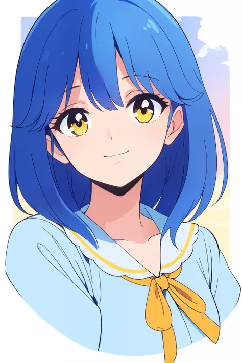 masterpiece, best quality, 1 girl, ultra detail, medium hair length, sky blue hair,  golden yellow eyes,  bangs, light blue hair...