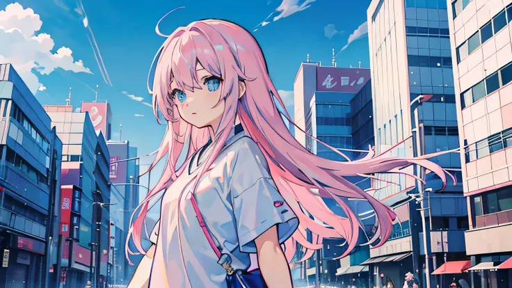 Anime images of Japan１People Girl、blue eyes、Pink long hair、Grey long T-shirt、 Tokyo cityscape、blue sky、White cloud、Size is 16:9 please