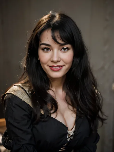 Portrait of a smiling Bettie page, Long black curly hair, Dressed as an American colonizer 17th century, Very Young Woman