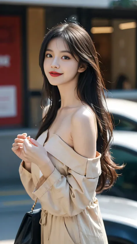 A perfect young female white-collar worker，Chinese，High picture quality，Works of masters，Black hair，Long hair flowing over the shoulders，cropped shoulders，clavicle，exquisite face，Hydrated red lips，，Real Human，（ the coffee background：1.5），CG rendering，16k, ...