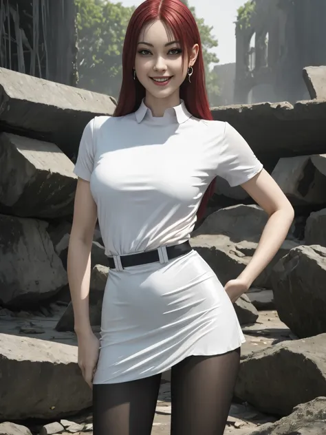 Ultra realistic, 16k, best quality, high resolution, erotic, 1 girl, 58 years old, long red hair, sexy eyes look, pale white skin, flushed cheeks, earrings, transparent shirt, sexy black latex skirt, natural breasts, slender tall hot body, sexy smile, sens...