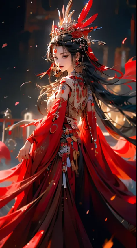 1 Girl,jewelry,earrings,Solitary,Long hair,Hair accessories,look back,Looking at the audience,red skirt,Black Hair,Upper Body,Shut up,Fuzzy,skirt,tassel,brown hair,feather,From the back,Chinese clothes,tassel earrings,disgust,frown,wrinkled_brow,