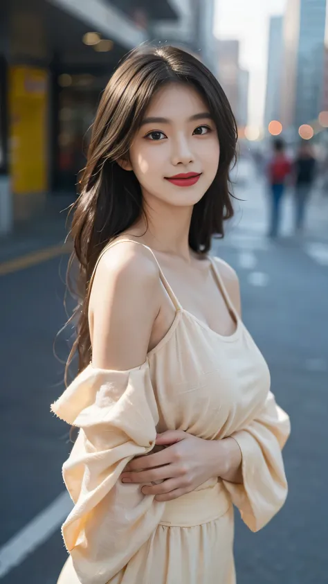 A perfect young female white-collar worker，Chinese big breasts，High picture quality，Works of masters，Black hair，Long hair flowing over the shoulders，cropped shoulders，clavicle，exquisite face，Hydrated red lips，Real Human,street background：1.5），CG rendering，...